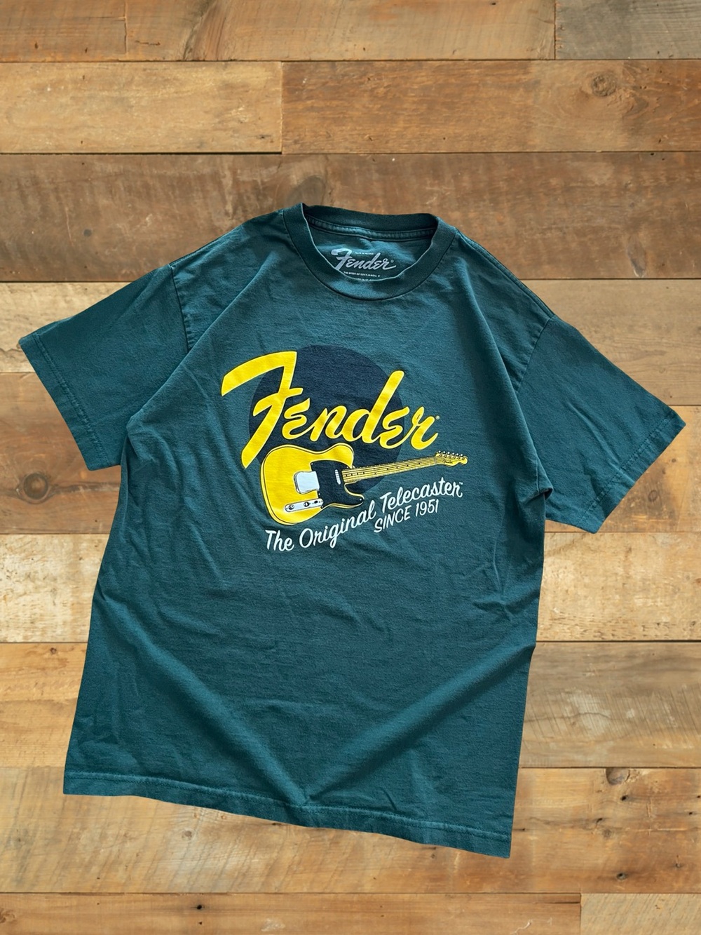 Fender Tee- Forest Green Shirt with Yellow Logo